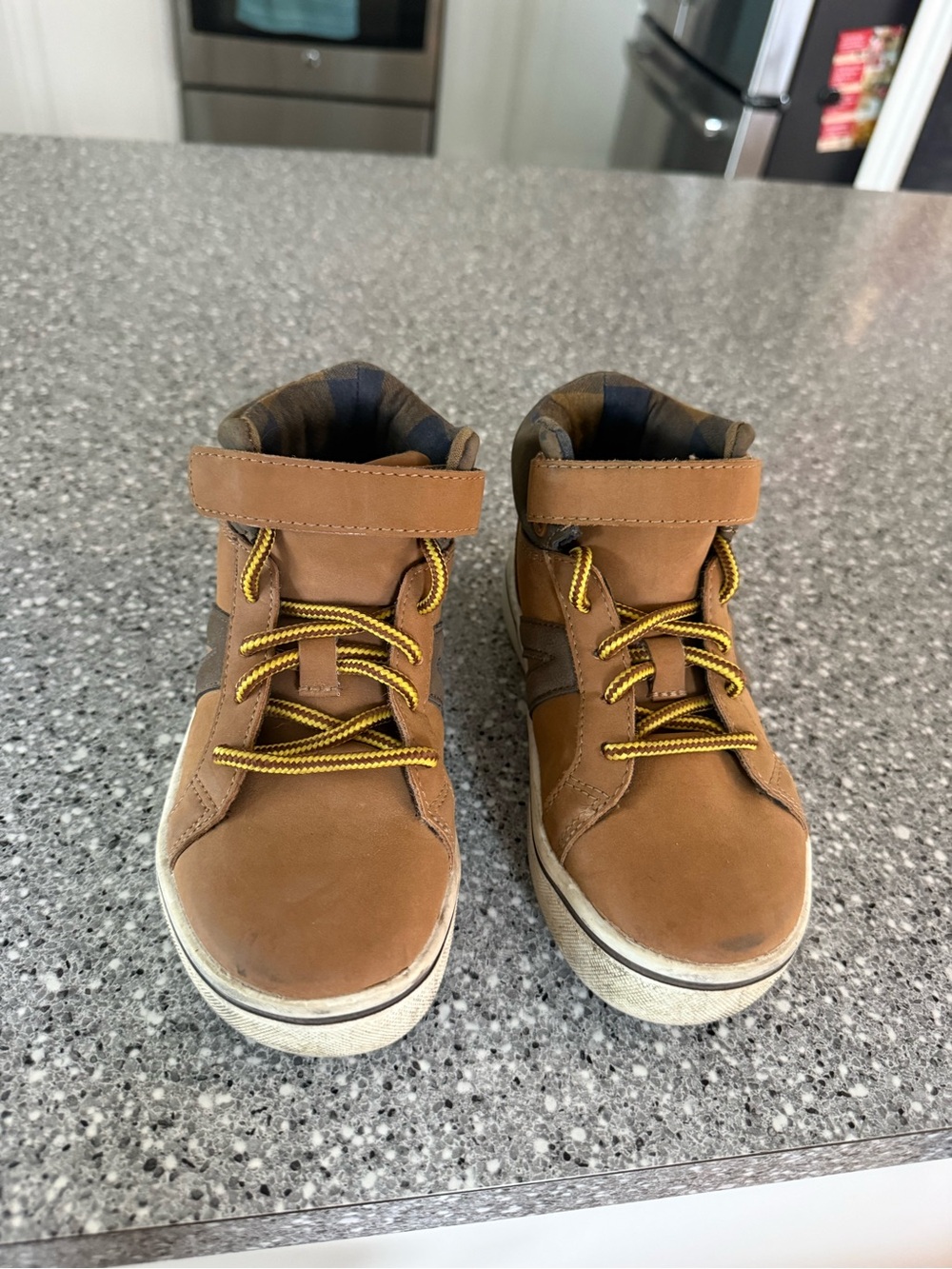 Kids Tan High-Top Sneakers with Yellow Accent Laces size 12